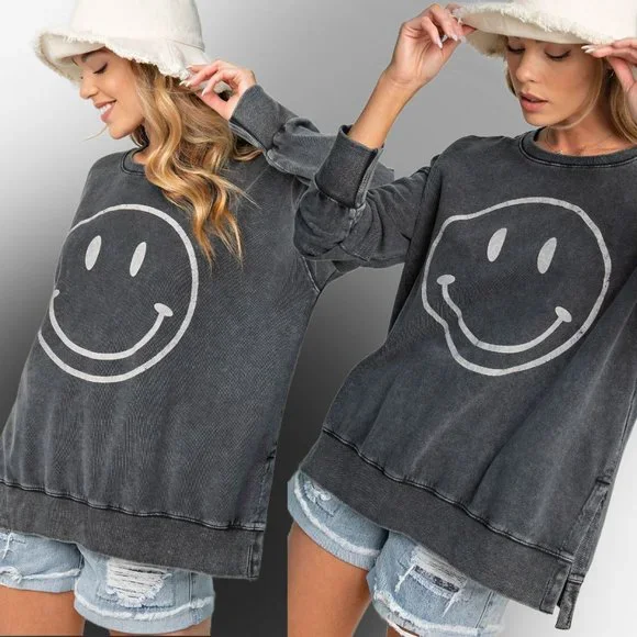 EASEL "All Smiles"  Mineral Washed 100% Soft Cotton Terry Knit Tunic Side Slits - Picture 9 of 11